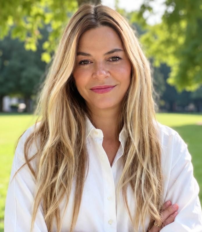 Alexandra Davoli buiten in het groen, in een witte blouse